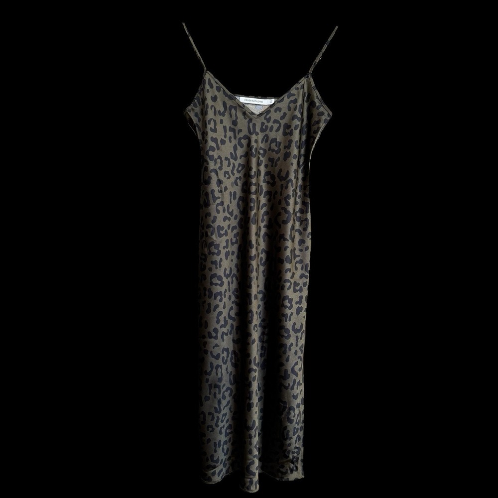 Calvin Klein Black Green Satin Leopard Print Spaghetti Strap Nightgown Sz S #238